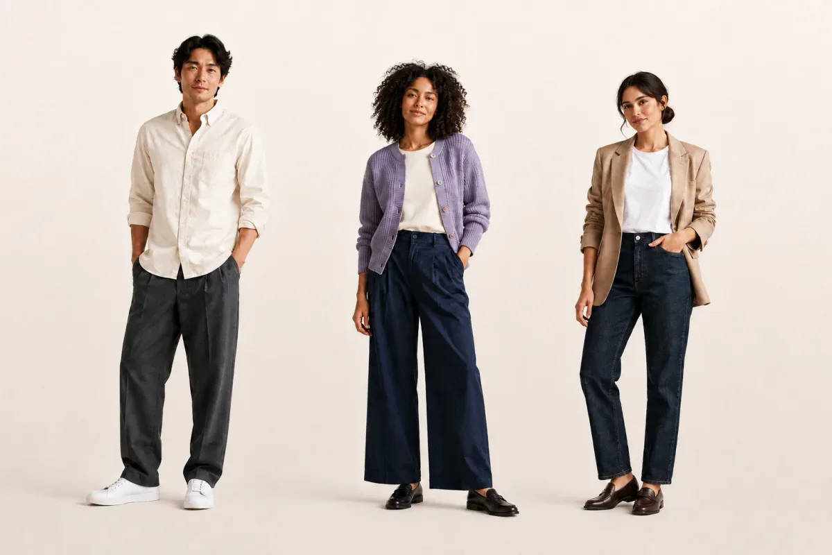 Photorealistic styling reference showing three people in a shirt, knitwear, and blazer for everyday looks